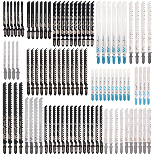 96 Pcs T Shank Jig Saw Blades Multi-Purpose Jigsaw Blade Kits Contractor Assorted HCS/HSS Replacement Set for Wood Plastic and Metal Cutting