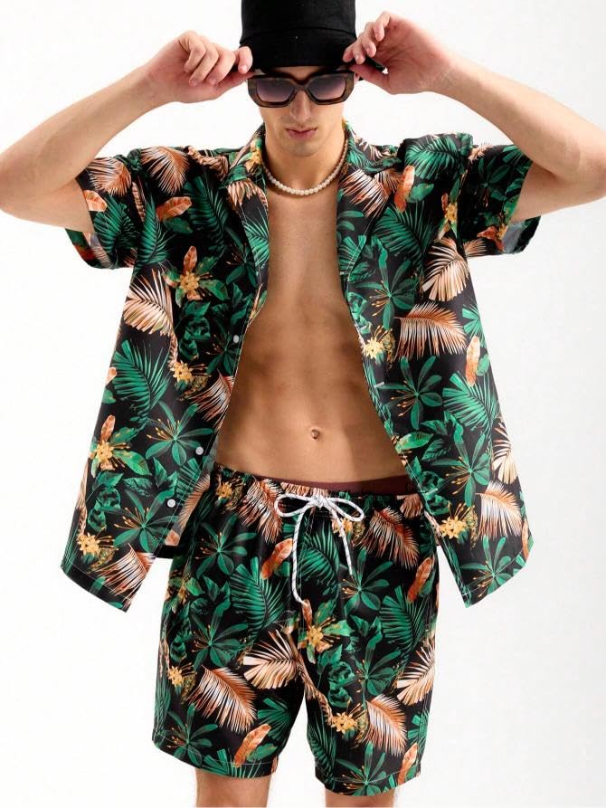 Image of GRECIILOOKS Men's Co Ord Set |Printed Shirt and Shorts Set for Men |Summer Loungewear, Beachwear & Night Suit for Daily Comfort | Nightwear Set for Mens