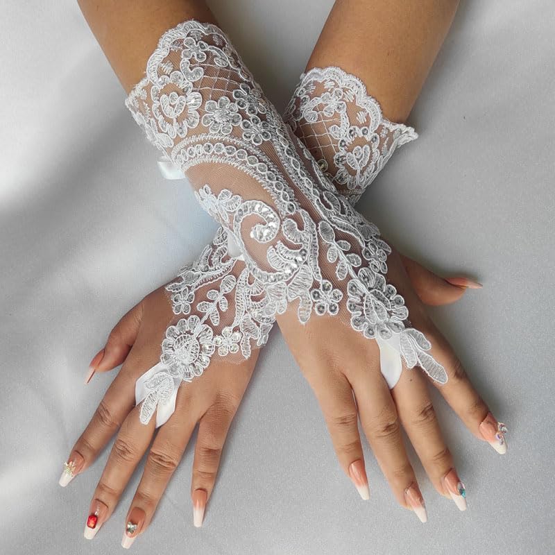 Specell White Fingerless Sequins Lace Gloves, Short Lace Tea Party Glove, Fingerless Glove - Image 3