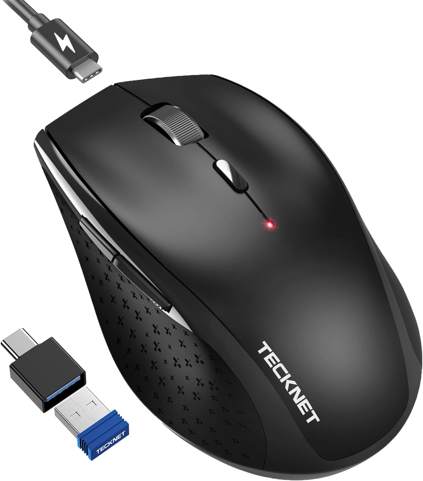 TECKNET PRO Wireless Mouse Jiggler - Rechargeable 2.4G Ergonomic Silent Mouse with USB to USB C Adapter, 6400 DPI Adjustable, Type-C Charging & Auto-Sleep, Compatible with Windows/Mac/Chrome OS, Black