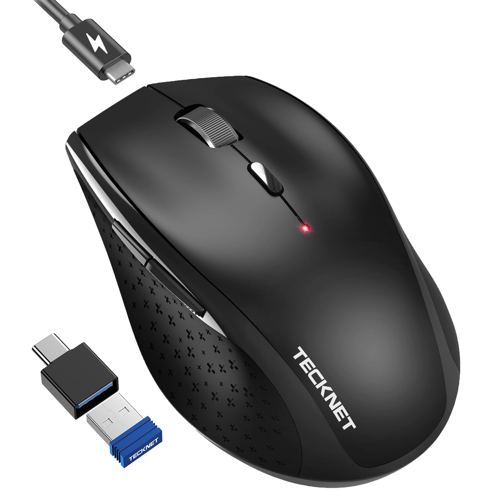 TECKNET PRO Wireless Mouse Jiggler - Rechargeable 2.4G Ergonomic Silent Mouse with USB to USB C Adapter, 6400 DPI Adjustable, Type-C Charging & Auto-Sleep, Compatible with Windows/Mac/Chrome OS, Black