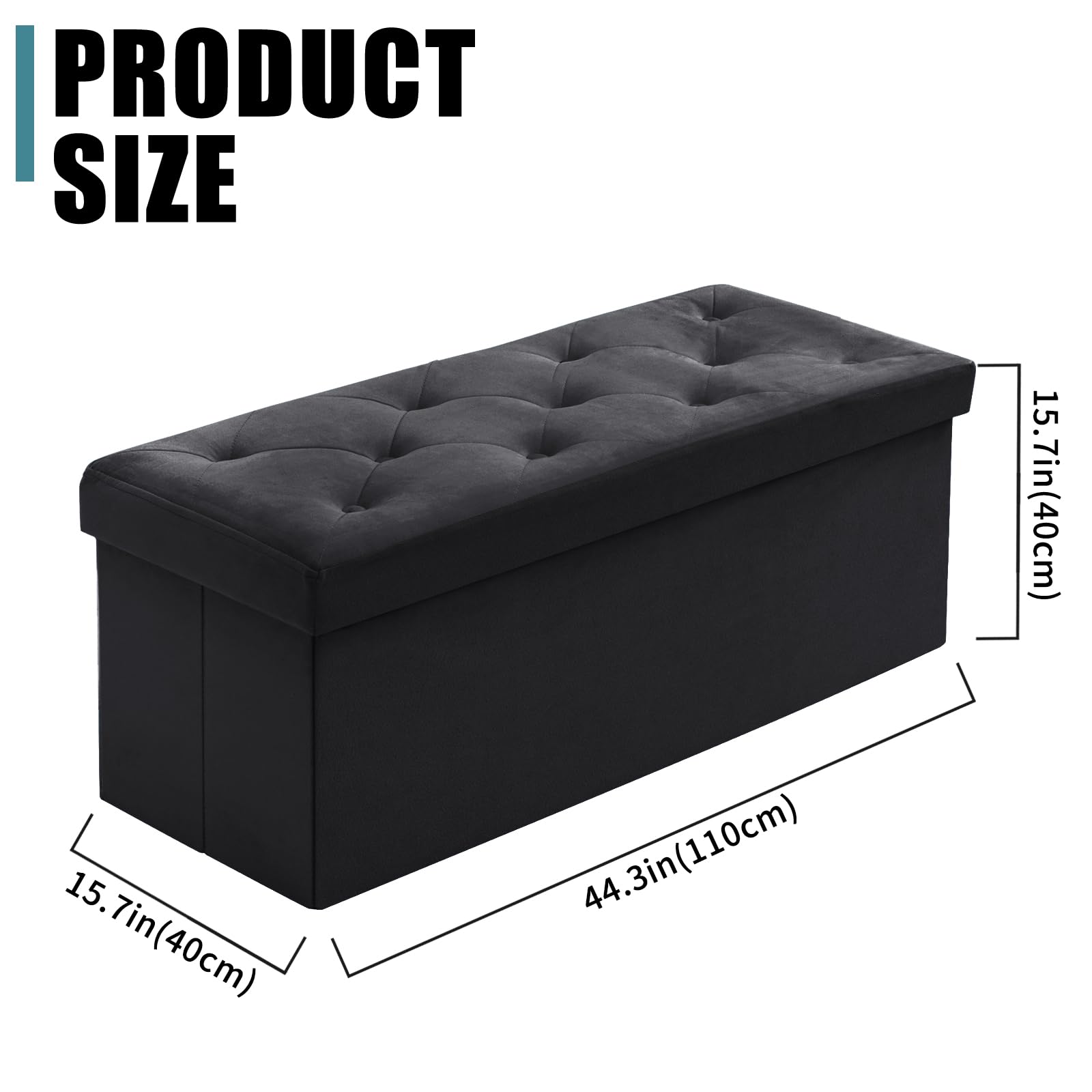 BRIAN & DANY Pouf Rangement Pliable 110x 40x 40cm, Coffre de Rangement Repose Pieds et Bout de Lit, Banc Coffre en Velours avec Couvercle, Tabouret pour Salon Chambre Entrée, Noir