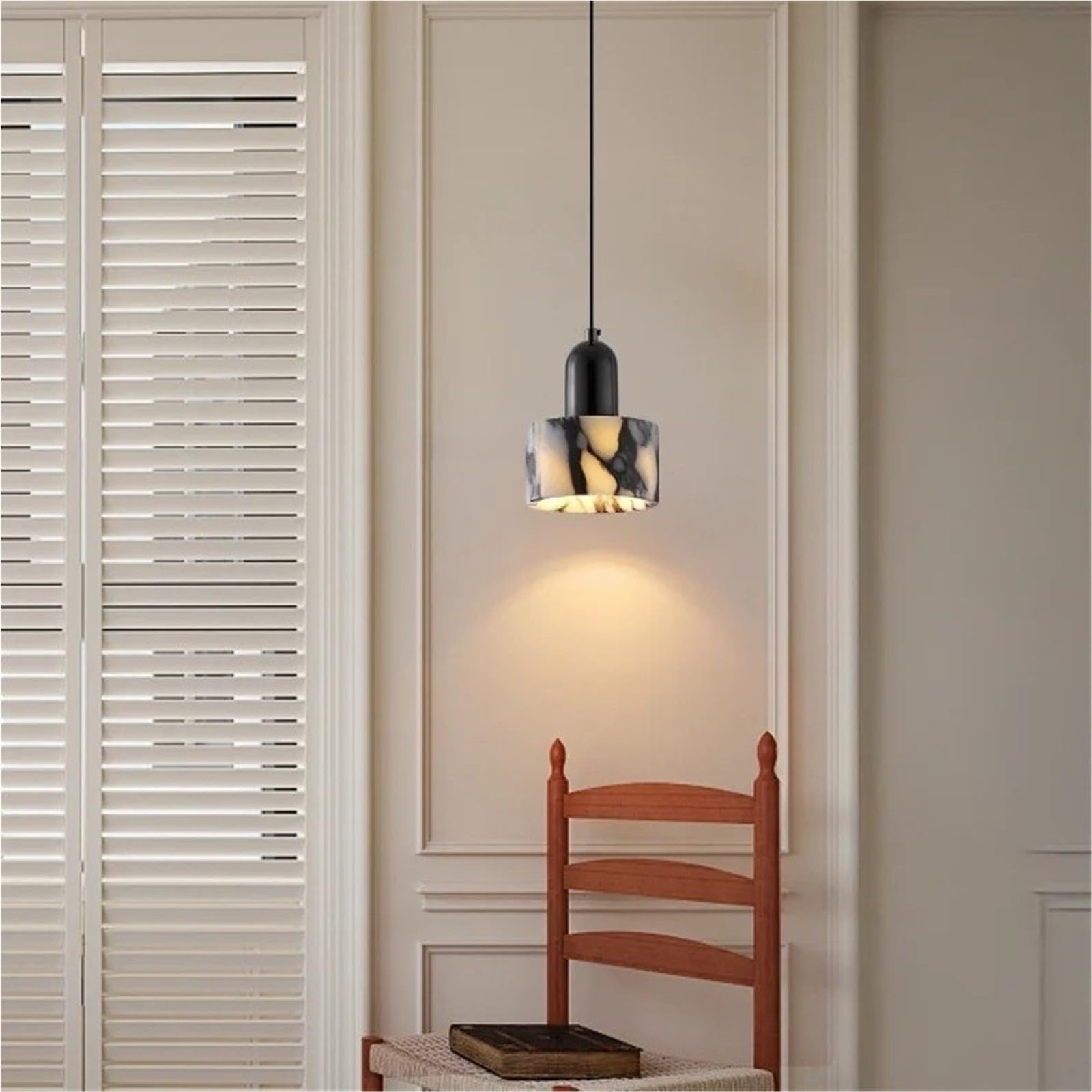 Lampadario in Marmo, Cilindro in Pietra Nera, Lampada a Sospensione a LED, Lusso