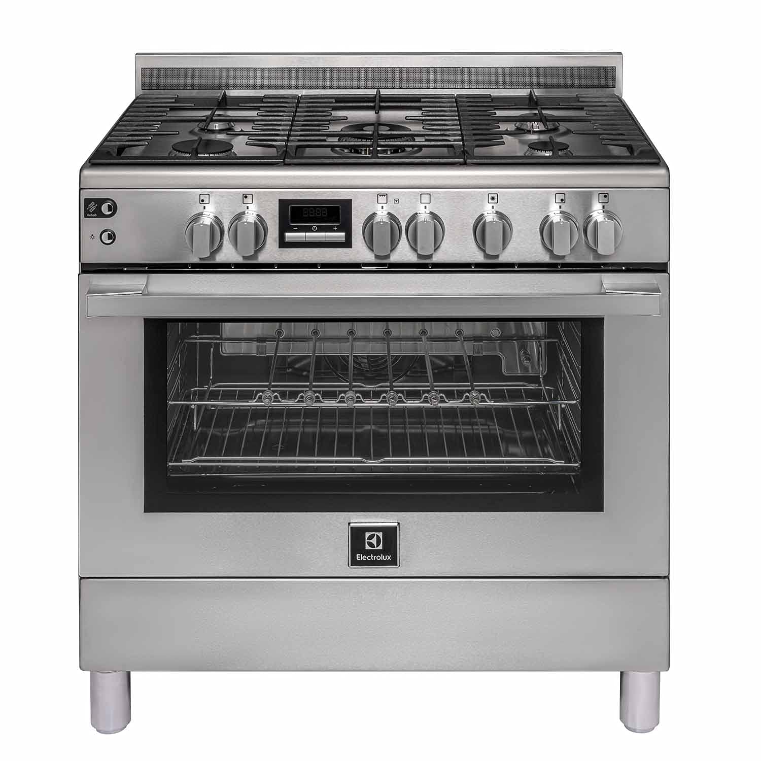 Electrolux Freestanding Cooker 90x60cm, 5-Burner Gas Hob, Cast-Iron Pan Supports, 127L Fan Oven, Turnspit, Auto Ignition, Thermocouple Safety, Fingerprint-Resistant Stainless Steel, EKG9241Z7X