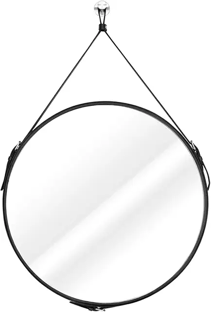 Homede ESHA Black Round Wall Mirror 50cm with Leather Strap - Rund Spegel Med Rem
