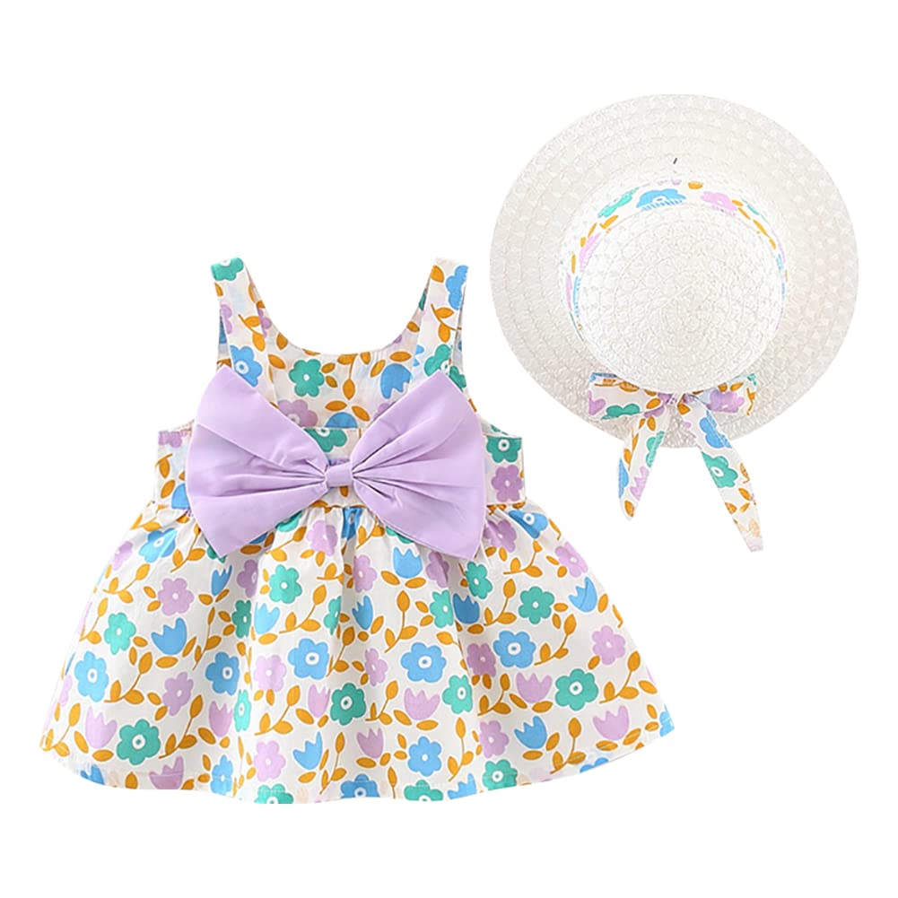 Odizli Vestido de verano para niña sin mangas con lazo de flores y tutú de princesa, vestido de verano con líneas A, sombrero de paja