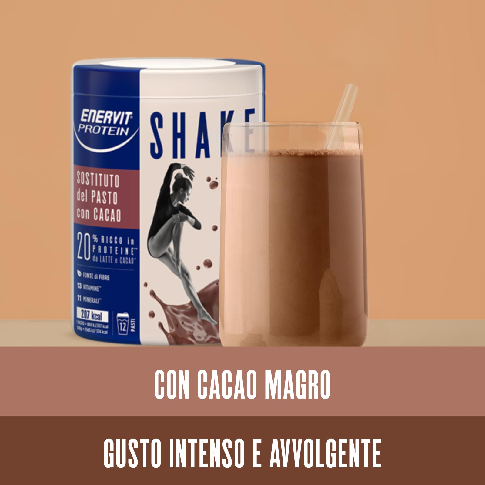 Enervit, Meal Shake Cacao Protein, Sostituto del Pasto, 1pasto=207 kcal, Bevanda Proteica, Gusto Cacao Intenso, 20% di Proteine, Per il Controllo del Peso, 1 Barattolo=12 Pasti