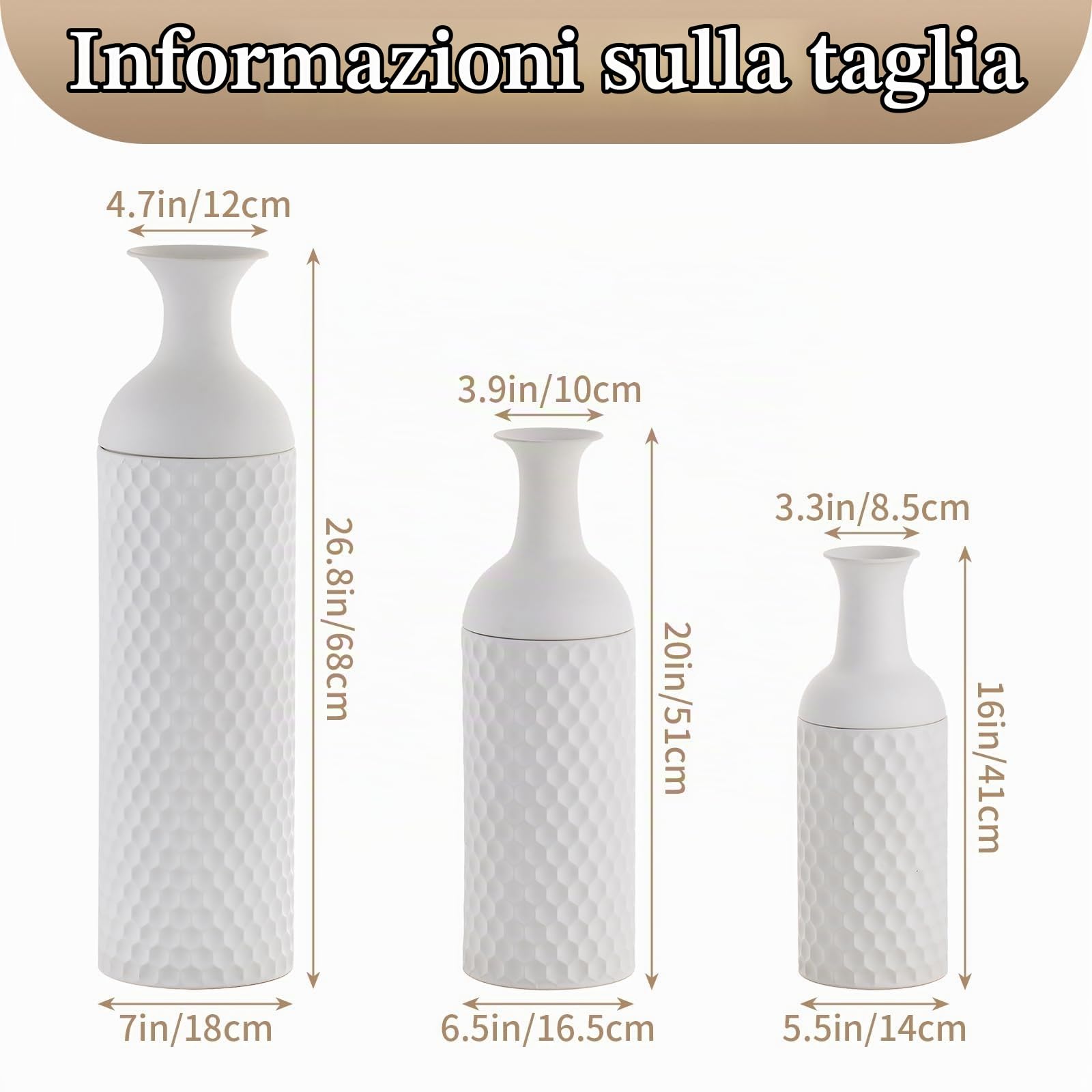 Sziqiqi Vaso Alto da Terra Bianco: 68/51/41 cm Metallo Vaso da Terra Set di 3 Vasi Grandi da Terra per Pampas Grande Vasi Moderno con Trama a Nido D'ape per Soggiorno Corridoio Ufficio