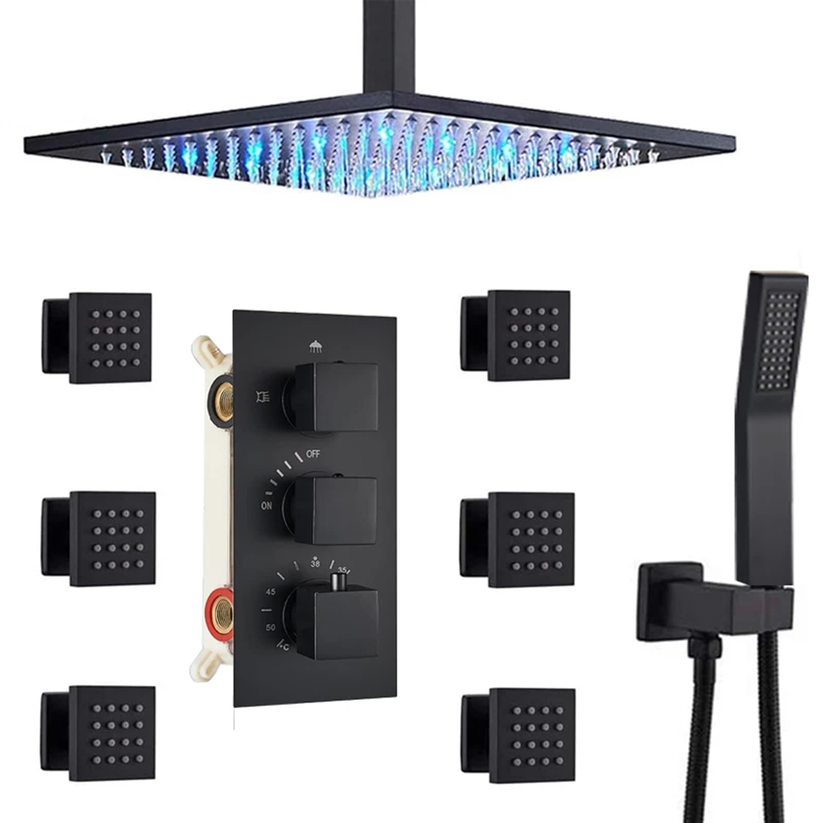 Ensemble de douche à effet pluie à LED de plafond mitigeur haut de gamme encastré noir