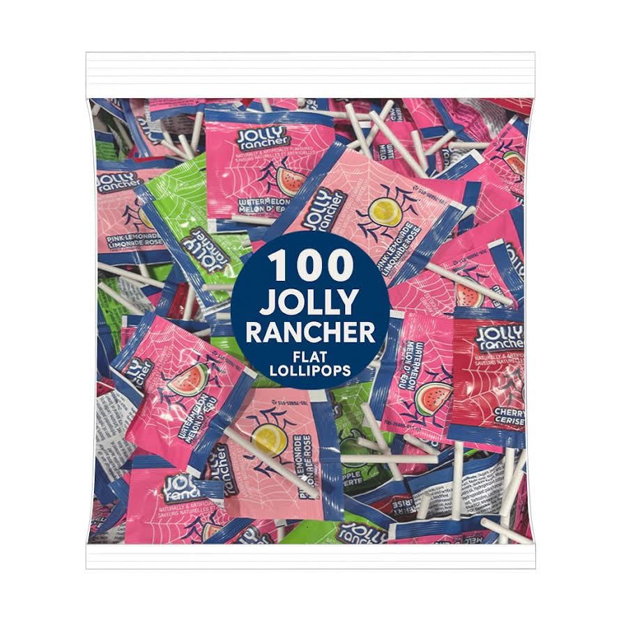Jolly Flat Lollipops (Suckers) – 100 Count Bulk Pack – Watermelon, Pink Lemonade, Green Apple, Cherry – Individually Wrapped Candy for Events and Parties