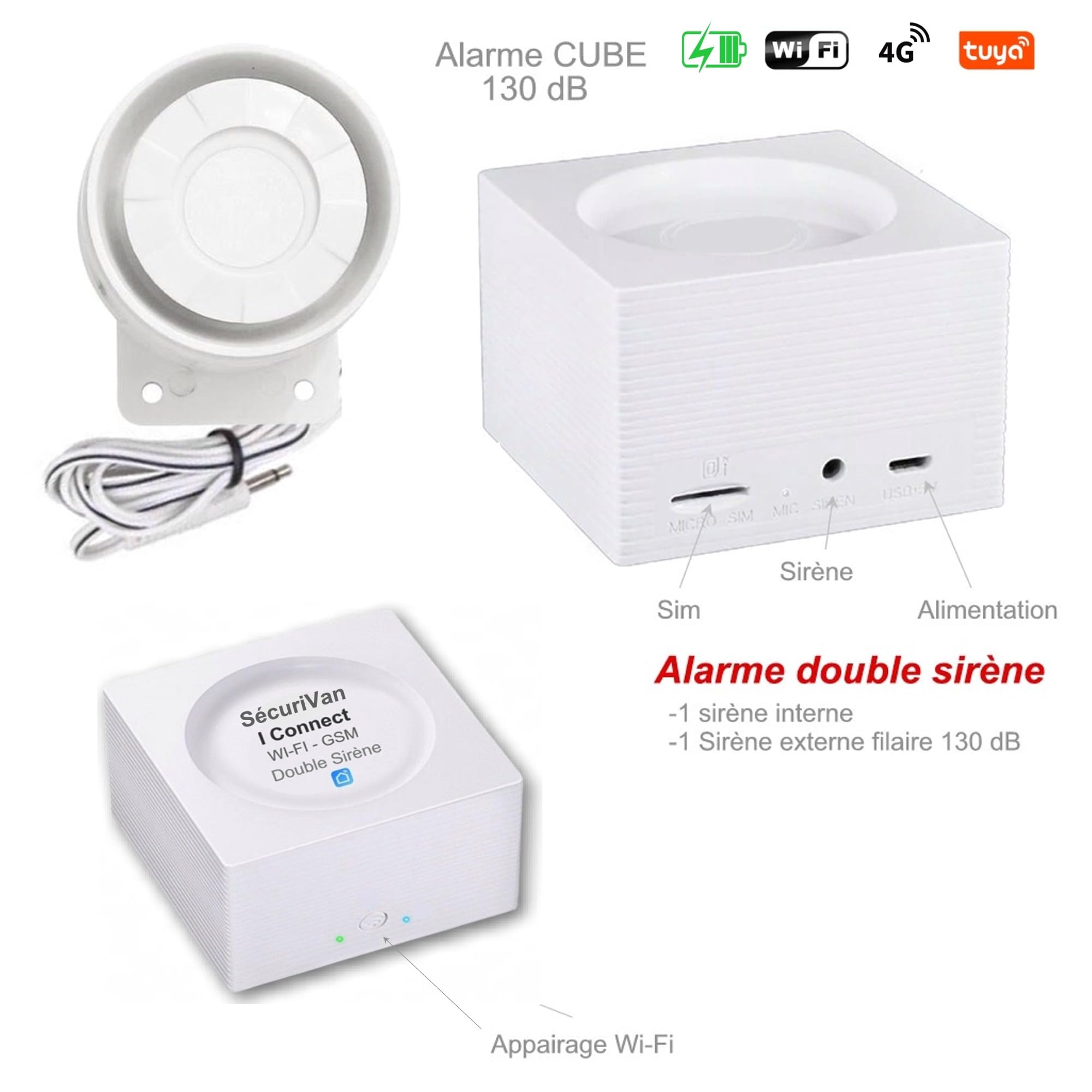 Nouveau - Alarme de Camping Car - WiFi - avec Télé Surveillance 24h/24h – sans abonnement - 1 Camèra de Surveillance - 2 Sirènes 125 DB - 5 Détecteurs d'ouvertures - 1 détecteur de Mouvement - 2 Tél