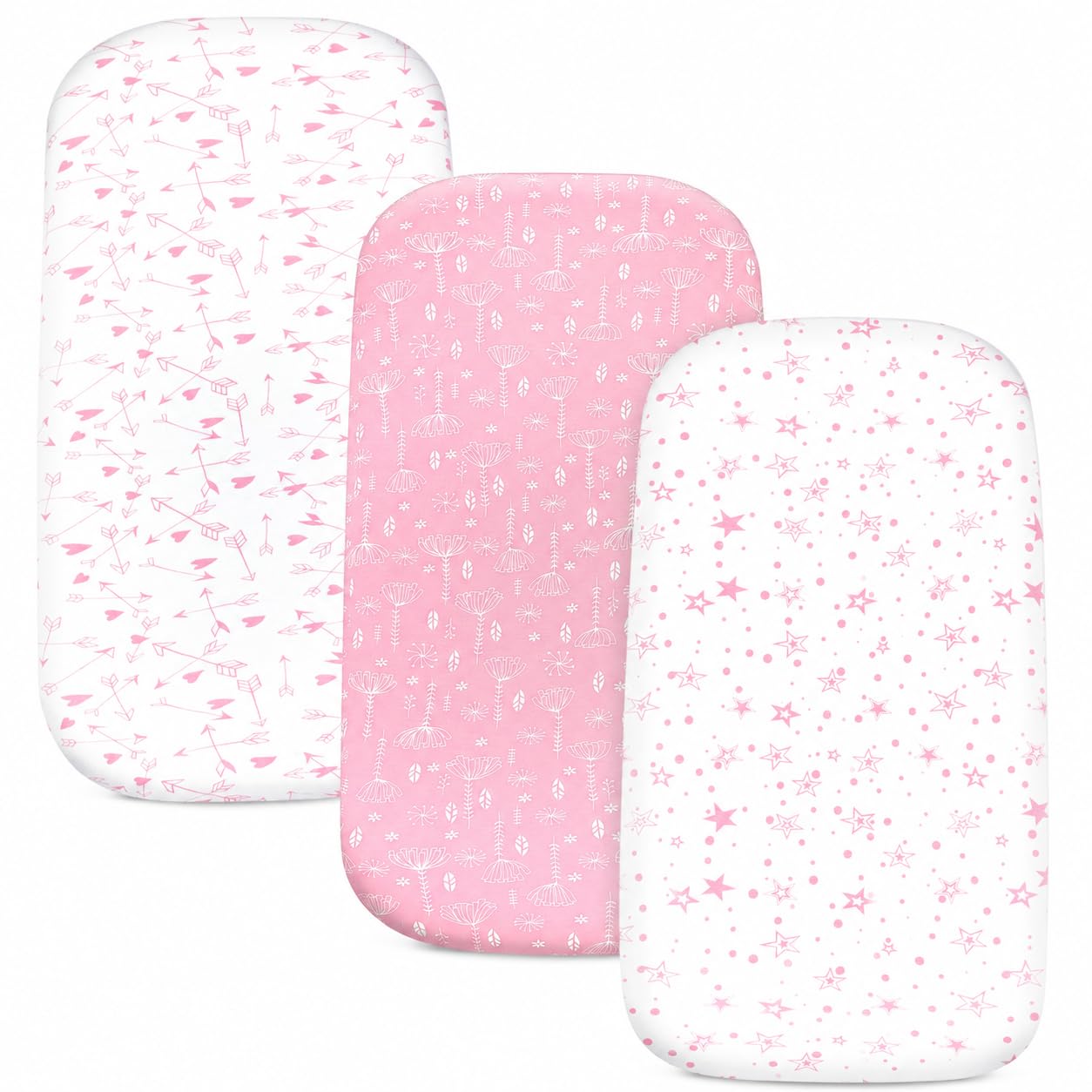 Organic Bassinet Sheets 3 Pack, 33x17 Fitted Sheet for Boys &amp; Girls, Soft 100% Jersey Cotton, Universal Fit for Halo Bassinest, Baby Delight, Graco, Oval &amp; Rectangle Mattress