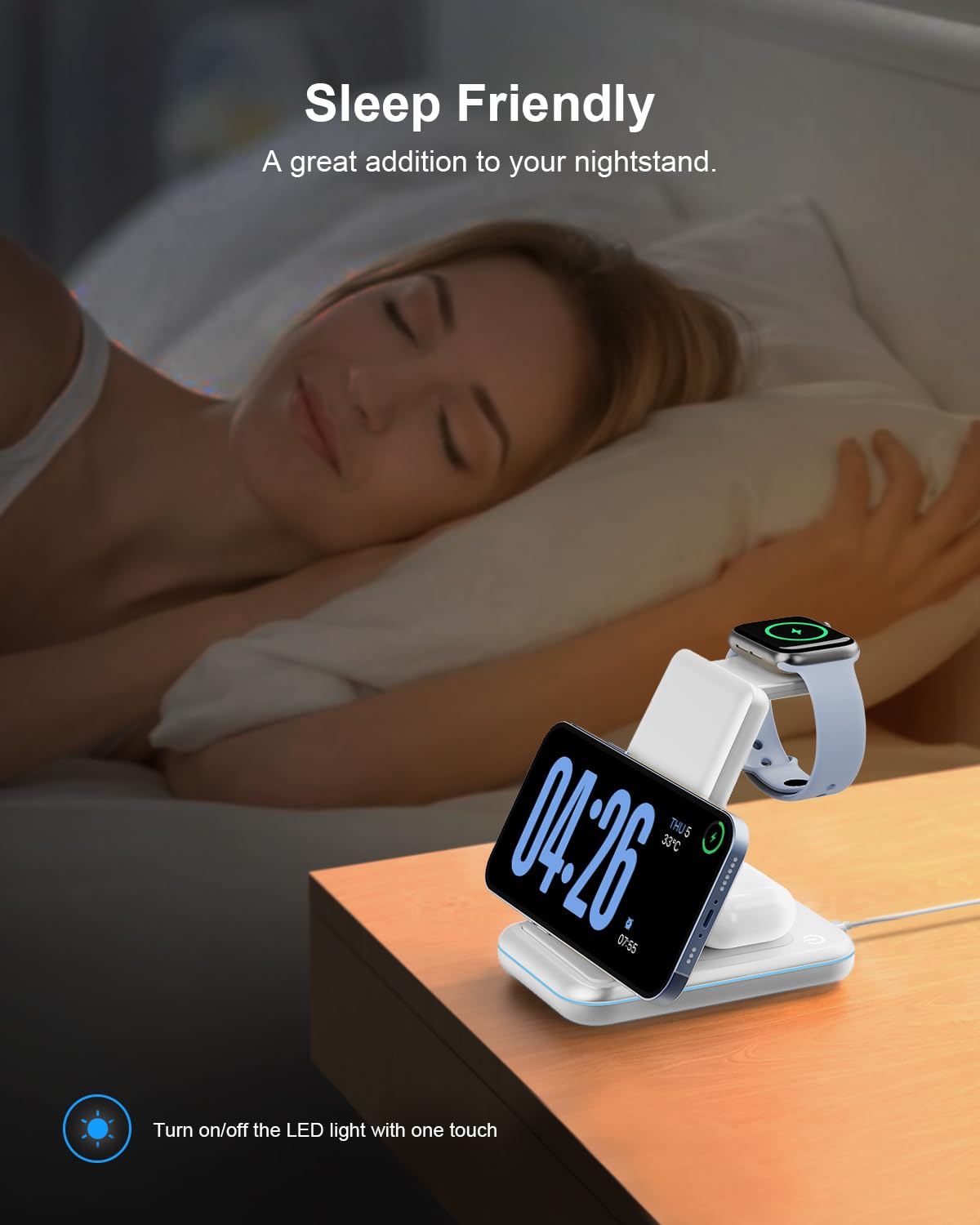 JoyGeek Caricabatterie wireless 3 in 1, per i Phone 15/14/13/12/11/Pro Max/X/8, stazione di ricarica induttiva per iWatch 9/Ultra/SE/8/7/6/5/4, AirPods 2/3/Pro, con adattatore QC (Bianca)