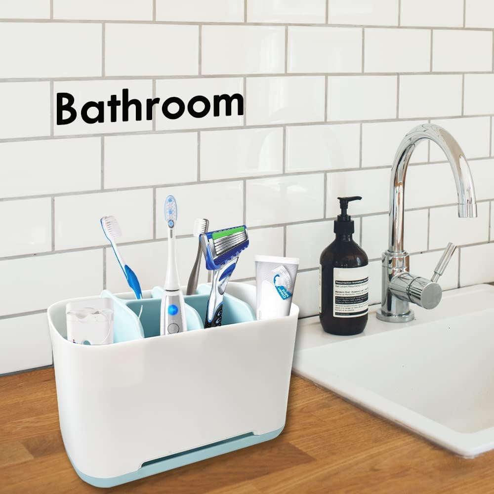 Leawall Plastic Multipurpose Storage Holder Stand for Bathroom Toothbrush Tongue Cleaner Soap Comb Razor Shaving Kit and Toiletries Cosmetics Organizer (Sky Blue) 1