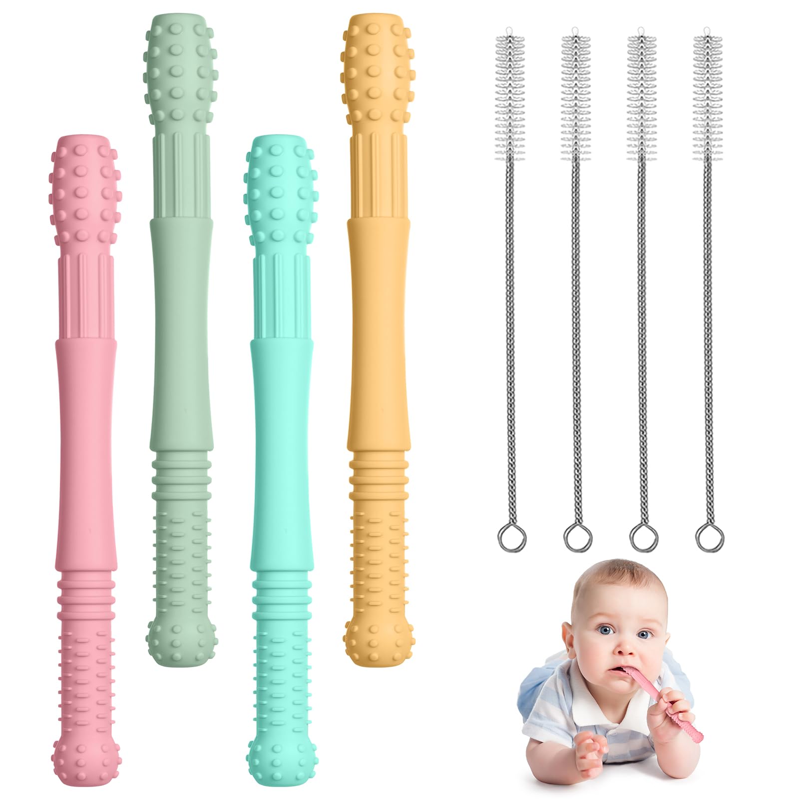 Vicloon Teething Toys for Baby, 4PCS Baby Silicone Teether Tubes with 4 Cleaning Brush, Teether Sensory Toys Gum Massager, Baby Teething Toy Infant Chew Straw Toy