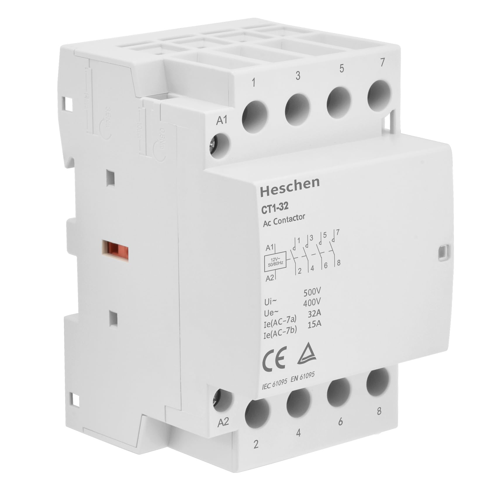 Heschen Contacteur AC domestique, CT1-32, Ie 32A, 4 pôles, quatre normalement ouverts, tension de bobine AC 12V, montage sur rail DIN 35mm, homologué TUV