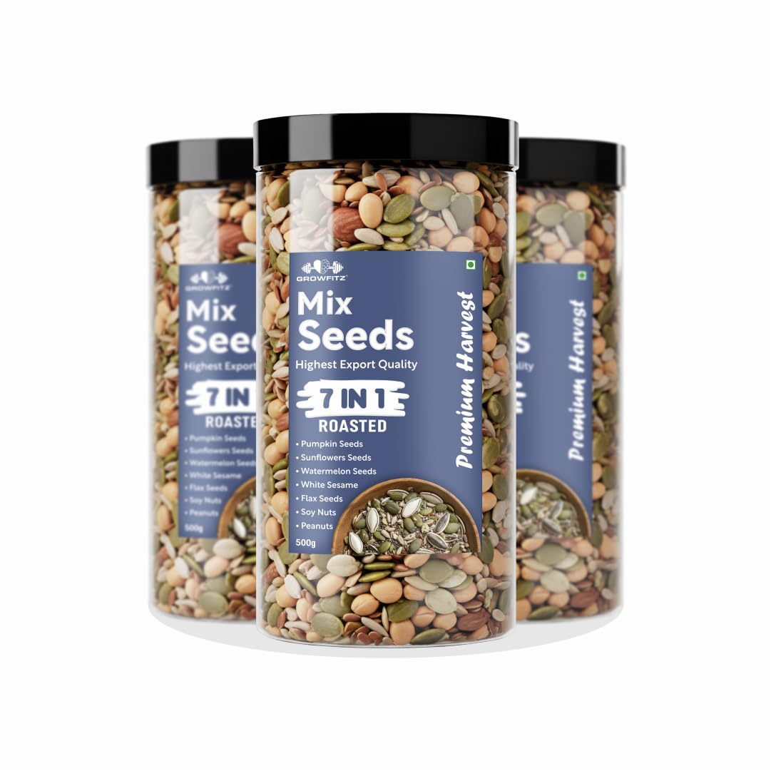 Growfitz 7-in-1 Super Seed Mix | Pack of 3 (500g Each)| 24.4g High Protein & Fiber | Roasted Pumpkin, Sunflower, Flax, Chia, Soy Nuts & Sesame | Healthy Snack |