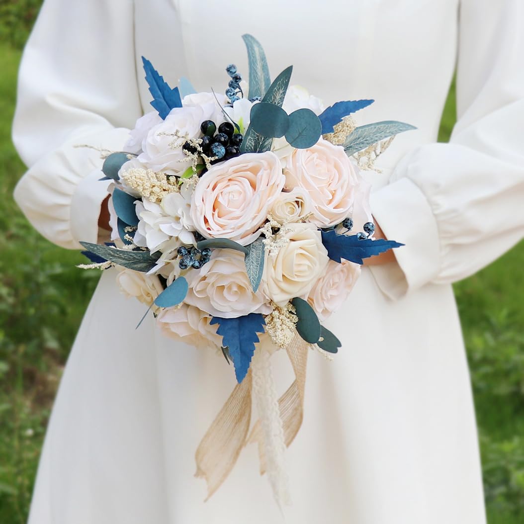 Bouquet de mariage hémisphérique bleu paon rose artificielle bouquet de mariée demoiselle d'honneur fleurs romantiques pour cérémonie de mariage et église décoration d'intérieur