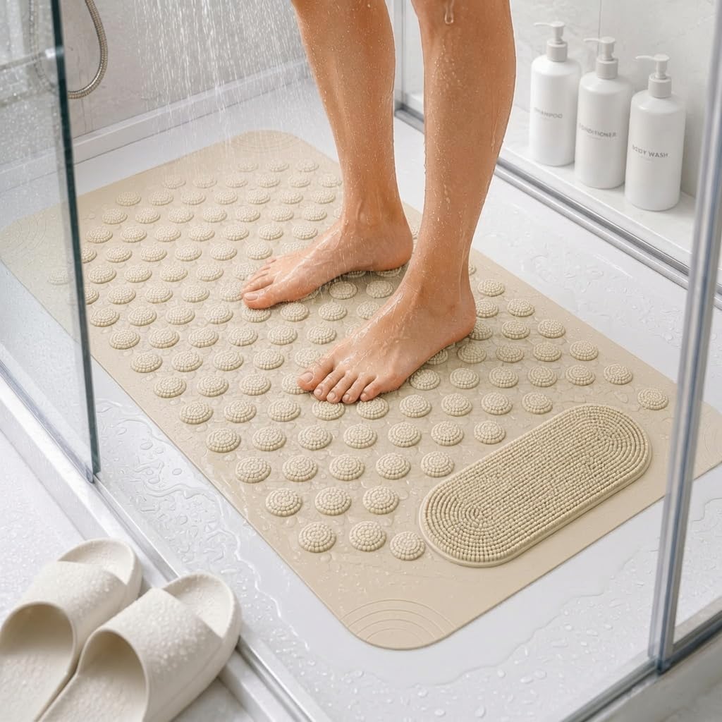 homeze rectangular anti skid bath mat with foot scrubber for bath room shower mat with suction cups & drain holes silicone floor mat for kids & adults (70 x 35, beige)