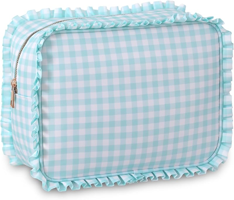 Necessaire de maquiagem EMBRUNIOICE com babados, estampa xadrez verde-menta