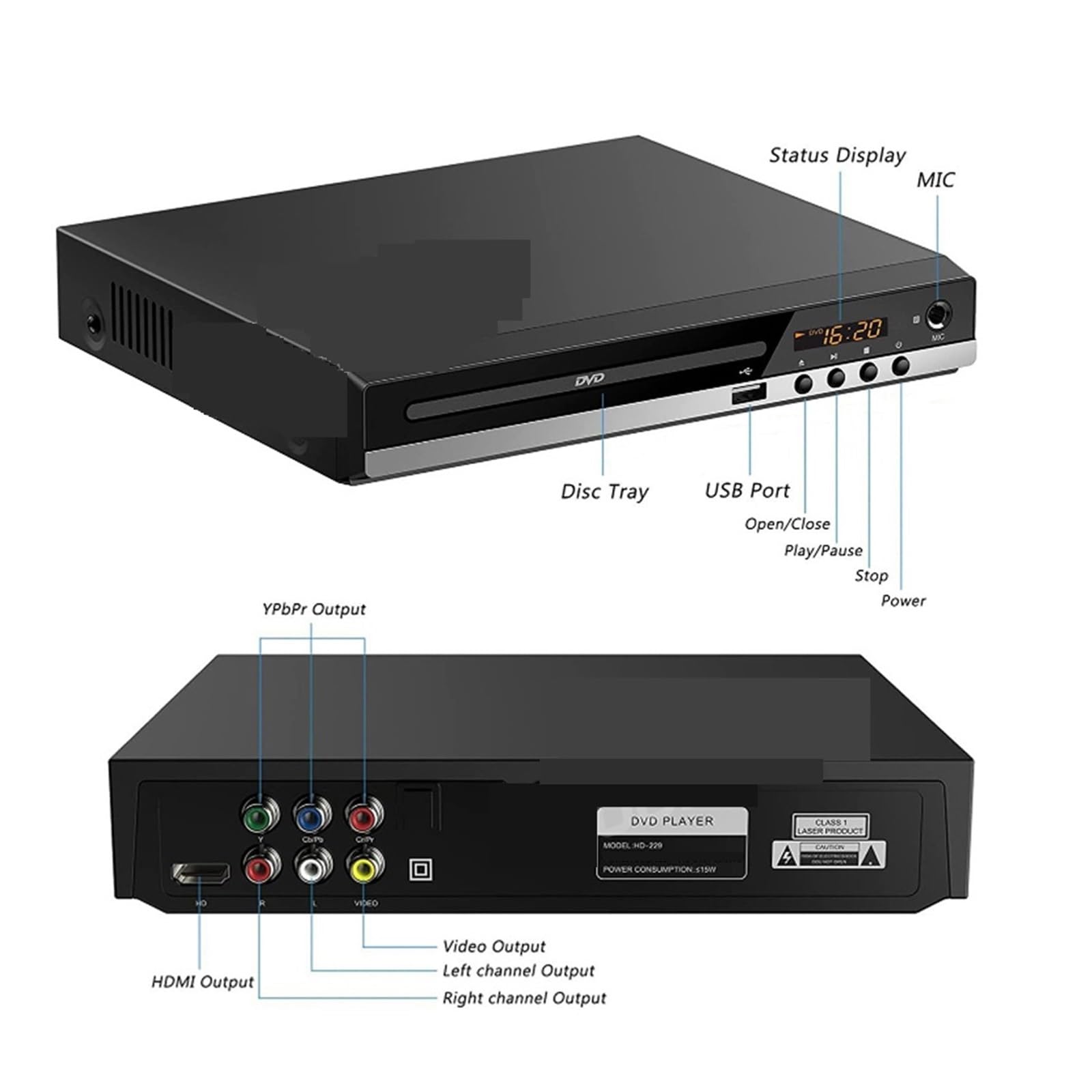 Lettore Dvd Lettore Dvd HD B29 - Lettore CD/EVD/VCD Ad Alta Definizione 1080P con Microfono con Uscita AV E HDMI