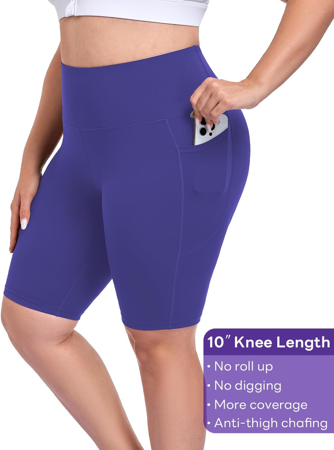 Womens Plus Size 10" Biker Shorts with Pockets, L-6XL High Waist Tummy Control Knee Length Butter Soft Athletic Workout Short