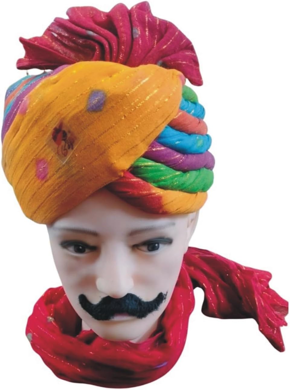 DEHATIBAZAR | Traditional Turban with Tail | Safa with Bow | Red Base with Navy, Green, Orange Stripes | Rajasthani Safa | Provided with rubber ball support