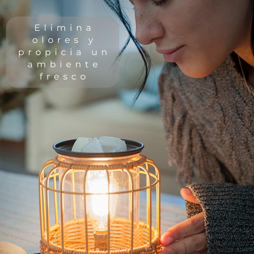 Quemador de Velas aromáticas y Quemador de aceites Esenciales eléctrico | luz cálida | Calentador Velas | aromaterapia | decoración del hogar | Incluye Pack de Ceras perfumadas | Ratan