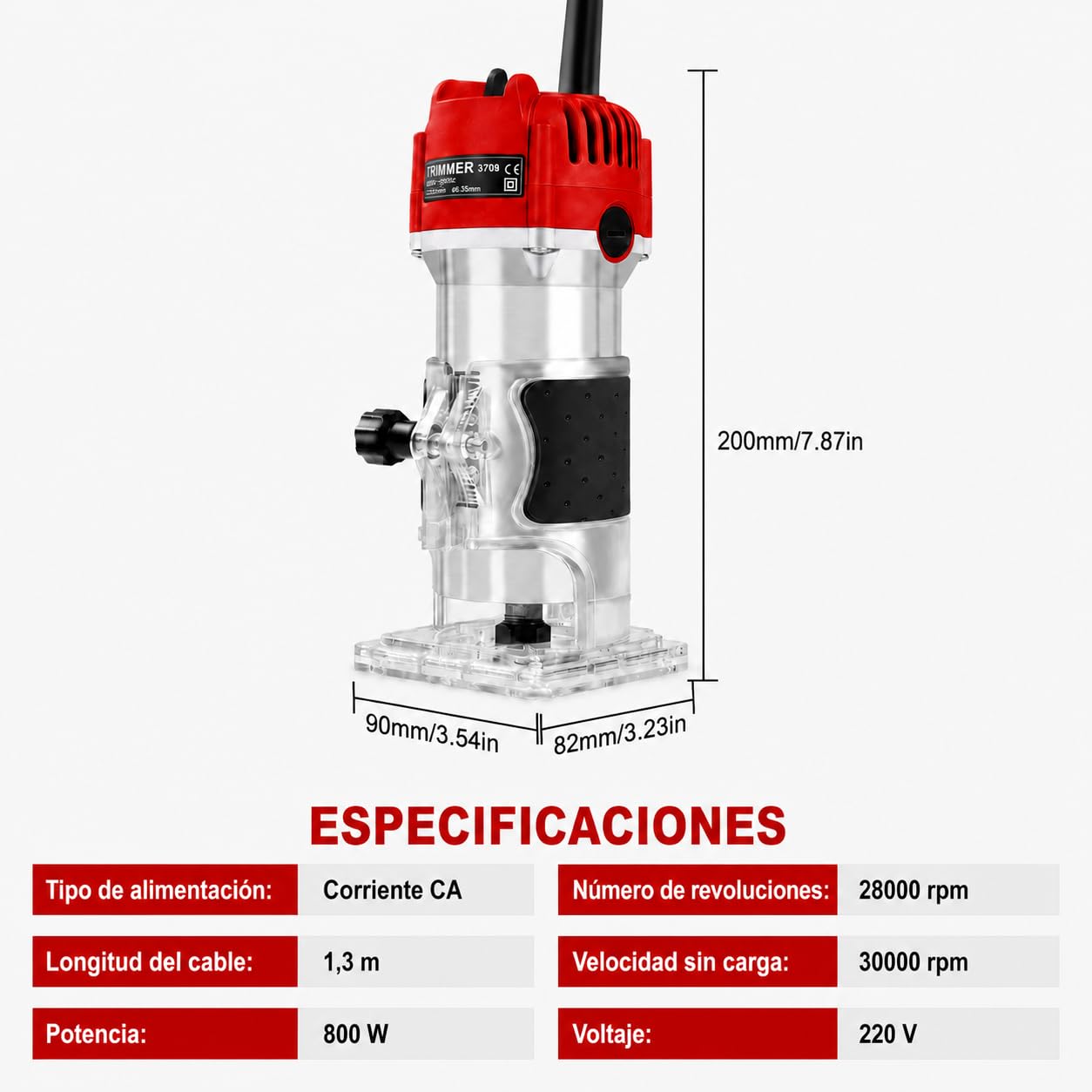 Fresadora Para Madera Compacta, 800W 30000RPM Fresadora De Mano Portátil, 6,35 mm Rebajadora Eléctrica con Guía Lateral y Guía Recta, para Ranuras, Cantos y Perfiles
