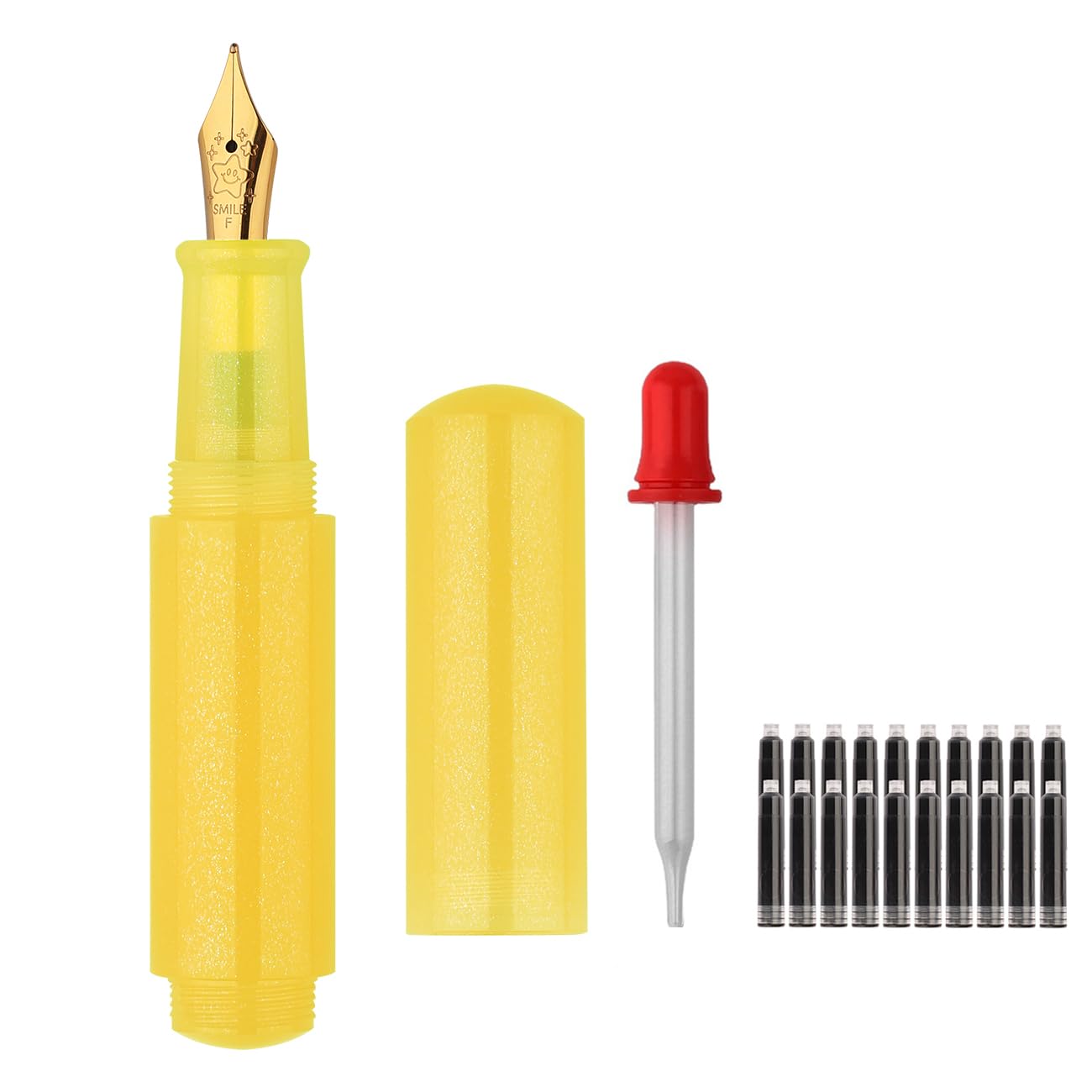 SIPLIV Wancai Mini Candy-colored Fountain Pen Pocket-Size Travel Pen with Short Size Eyedropper and 20 Black Ink Cartridges - Iridium Fine Nib, Yellow