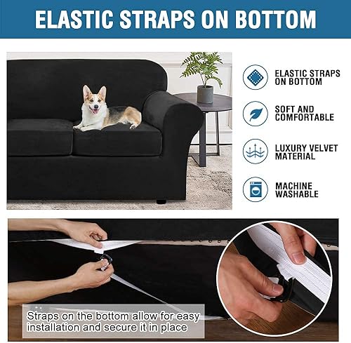 Miniatura 4 de H.VERSAILTEX Paquete de 4 fundas de terciopelo de felpa para sofá, paquete de 3 fundas de terciopelo para sofá biplaza, color negro