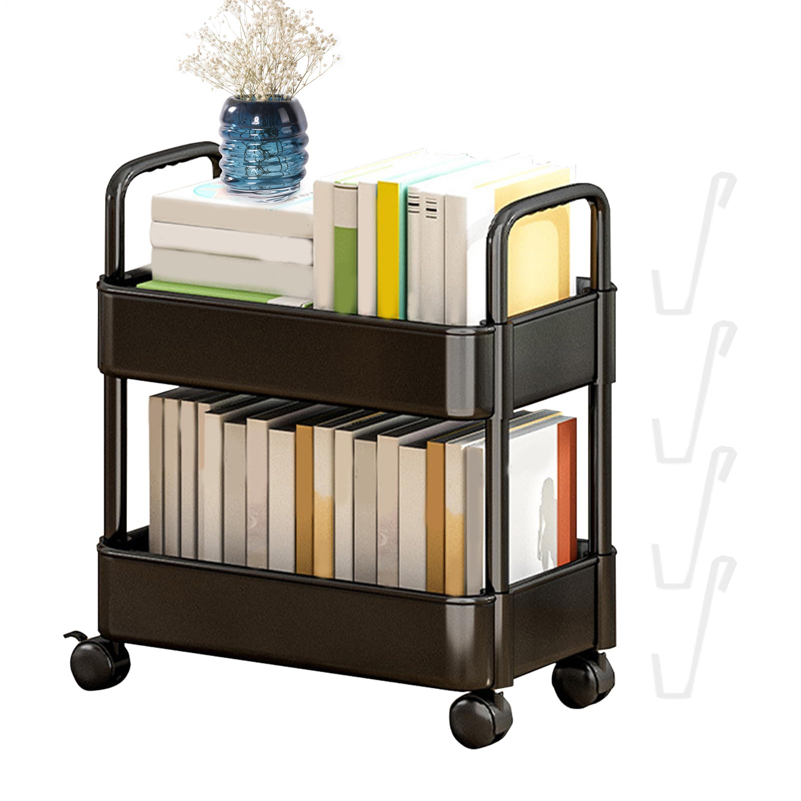 Carrito con 2 niveles, organizador multifuncional para carrito libros, estantería móvil con ruedas, organizador carrito libros para dormitorio, sala estar, escuela en casa, niño