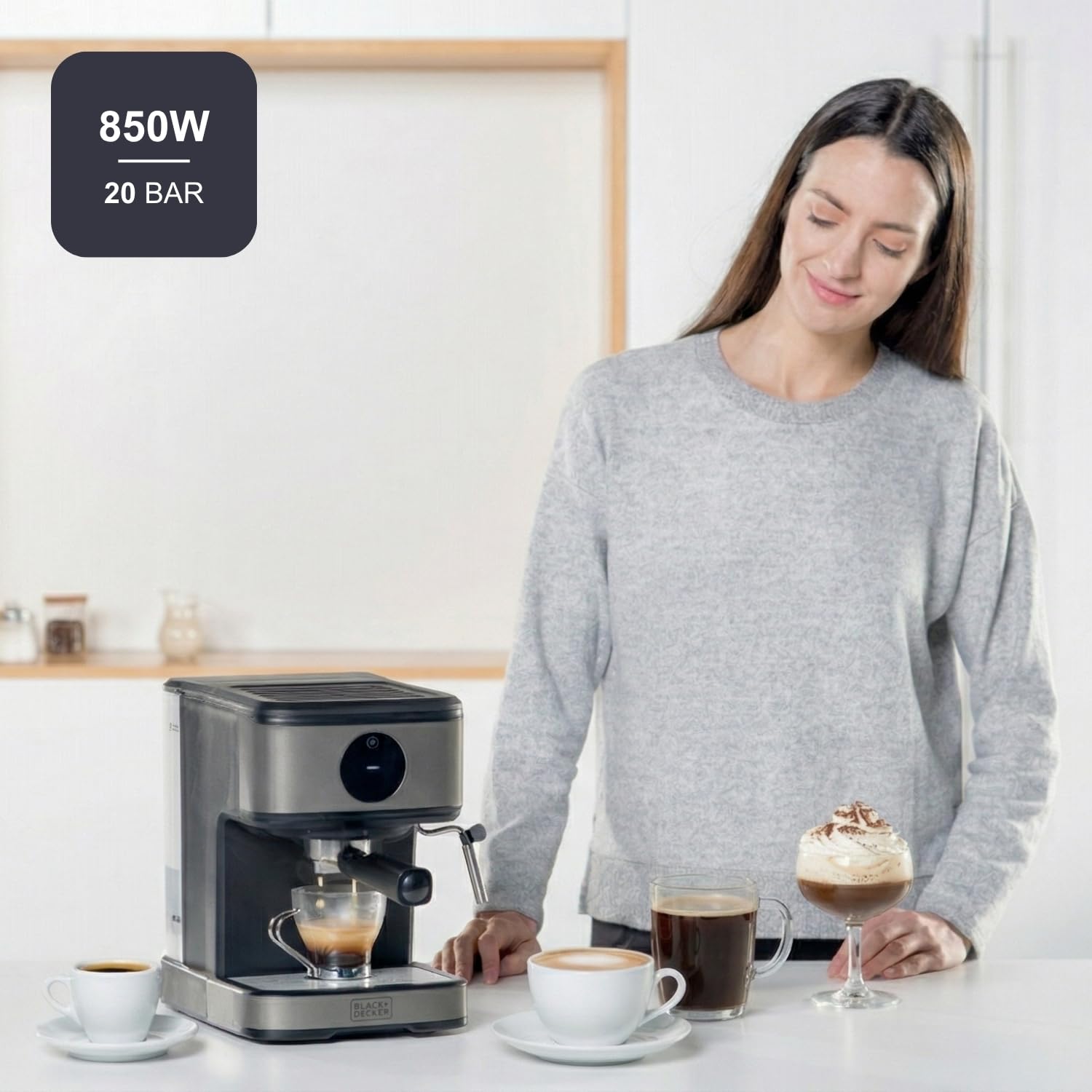 BLACK+DECKER BXCO850E - Macchina da Caffè Espresso, 20bar, 850W, 1,5L, Acciao Inox
