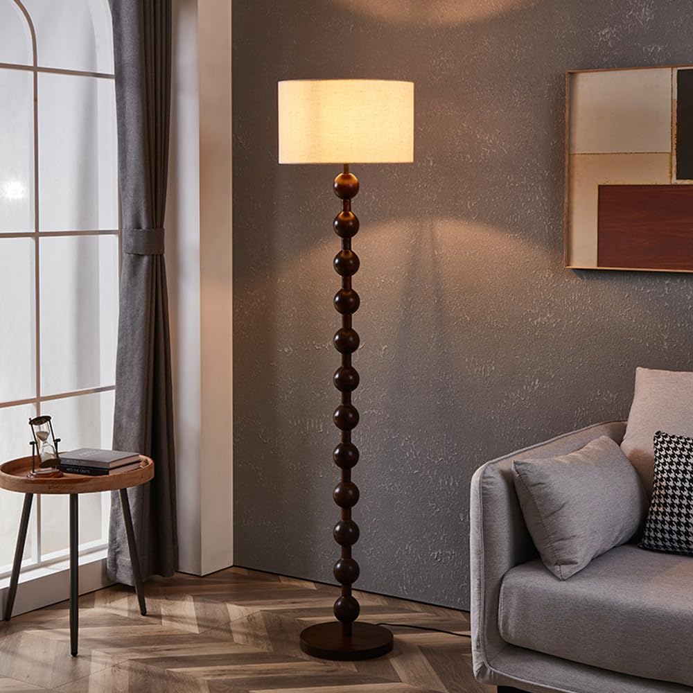 Lampadaire En Lin Wabi-sabi 63" Lampadaire En Fer À Grain De Bois Lampe Sur Pied Sphérique Couleur Noyer Avec E26 Lampe Ronde En Tissu À Intensité Variable Pour Salon Chambre