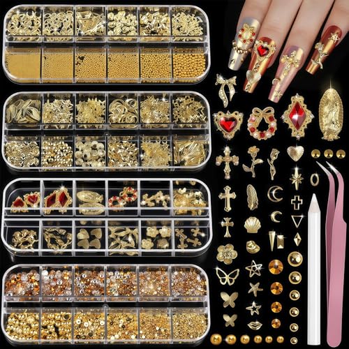 Vesavifaka Guldnagelberlocker, nagelpärlor, set med 4 st nageldekorationer, pärla 3D-nageldekorationer, kors, hjärta, nagelberlocker, strass för nageldesign, nagelkonst, tillbehörsset för kreativ