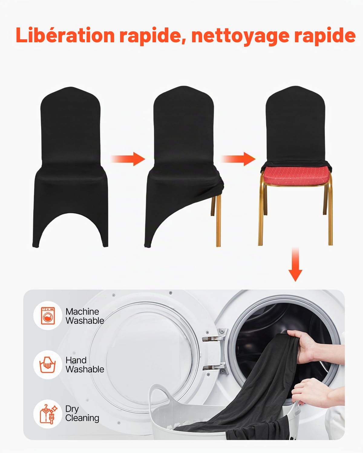 VEVOR Housses de Chaise Pliantes en Élasthanne Élastique, Couverture de Chaise Avant Arquée Universelle, Amovibles et Lavables, pour Mariage, Banquet, Fête, Célébration, Salle à Manger 100PCs Noir