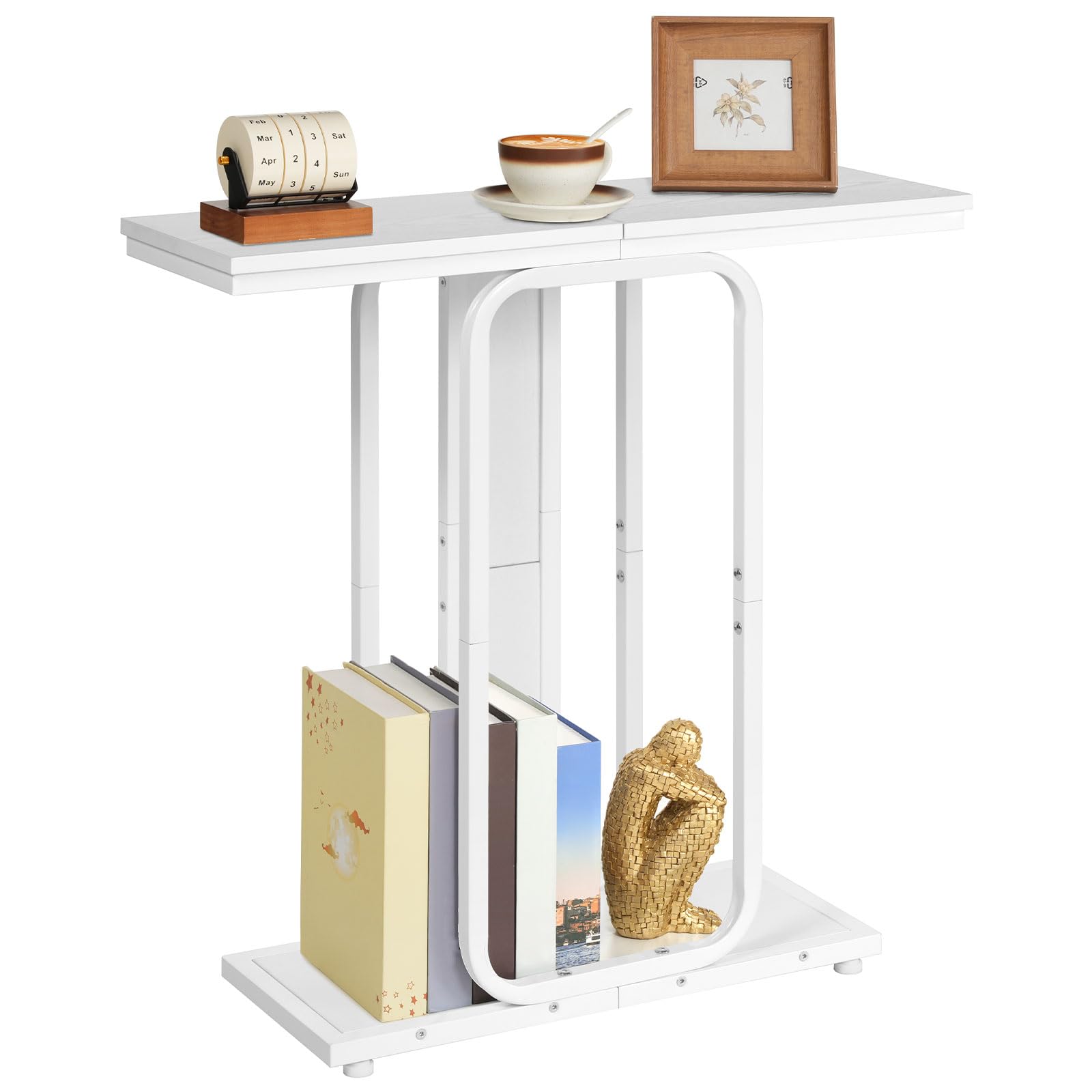 HOOBRO Table d’Entrée de Style Industriel avec Rangement, Présentoir à Structure Géométrique à 2 Niveaux, pour Entrée, Hall, Salon, Chambre, Salle à Manger, Couloir, Blanc EWW68XG01