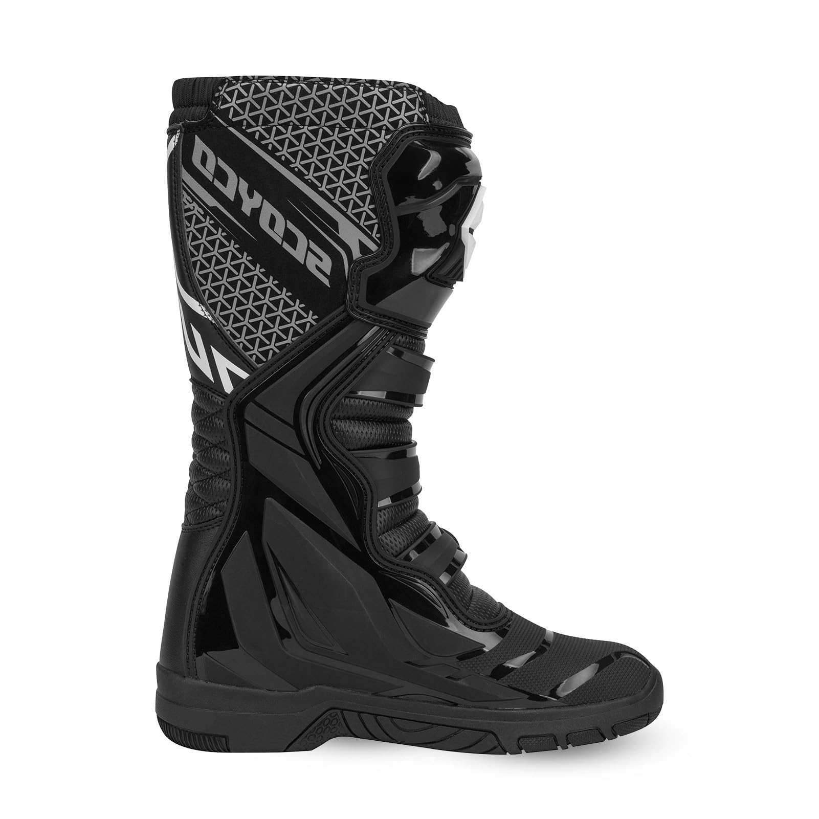 Scoyco Motocross Stiefel Herren CE-Stufe 1 TPU-Schienbein-und Knöchelschutz | Schockbeständigkeit, Knöchelstütze, Mikrofaserleder, Rutschfeste Sohle, 4 Verstellbare-Schnallen, Enduro, MX, Schwarz