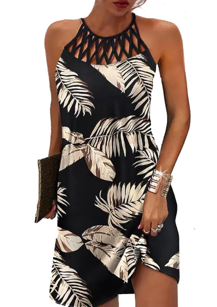 LOVESHOOT Summer Dresses for Women 2026 Casual Floral Hollow Out Halter Neck A-line Sundress for Beach Vacation with Pockets