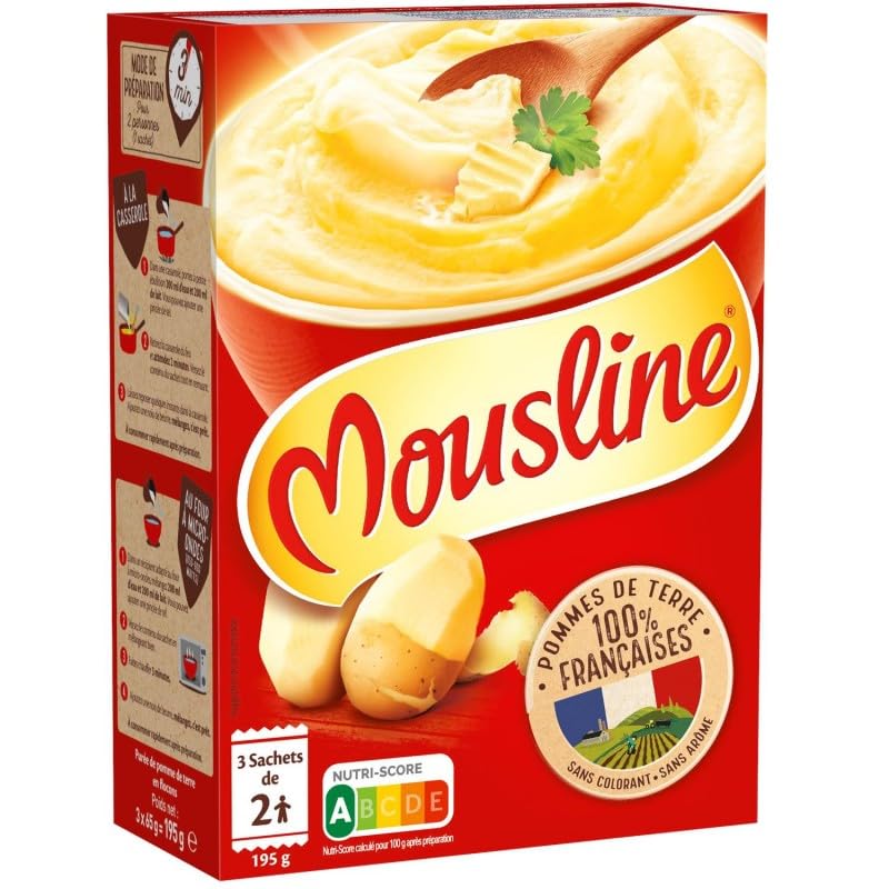 MOUSLINE Purée Nature 3 Sachets pour 2 | Format Pratique 195g | Purée de Pommes de Terre Savoureuse | Idéale pour vos Accompagnements Quotidiens! - Le Lot De 4