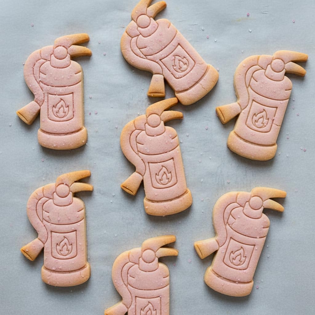 BAKERLOGY Set of 2 Fire Extinguisher & Flame Cookie Cutters – Firefighter Theme Biscuit Cutter Set for Safety Baking, Emergency Cookies, Fondant Decoration Tool