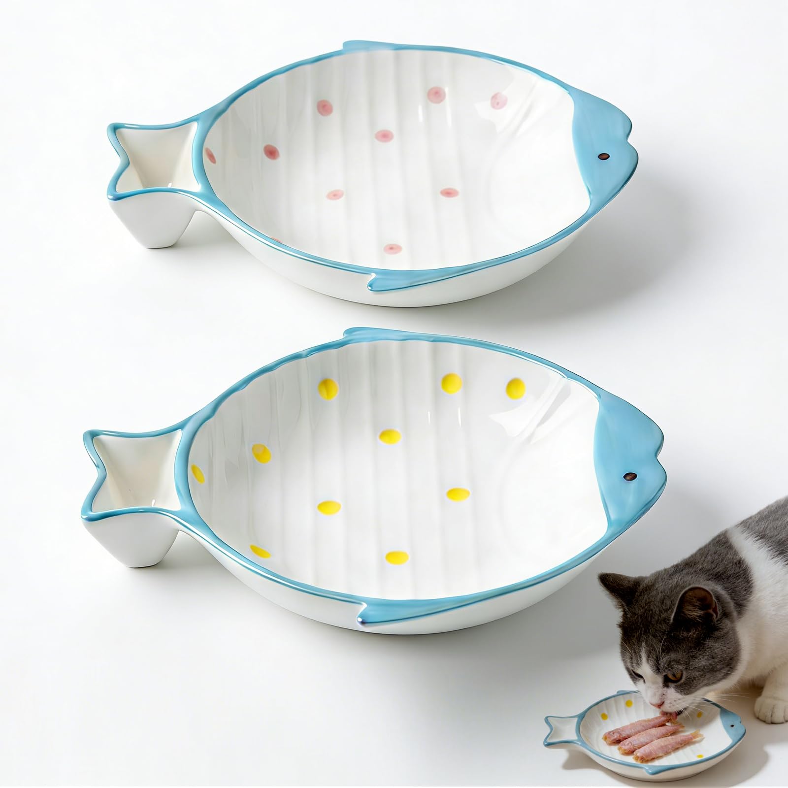 2 Pack Ceramic Cat Food Bowl Set, Cute Fish, Shallow Wide Flat, Colorful, Whisker Fatigue Cat Dishes for Food, Kitten Food Bowl, for Small Flat Pet Kitten Feeding Plates for Wet/Dry Food, Polka Dots