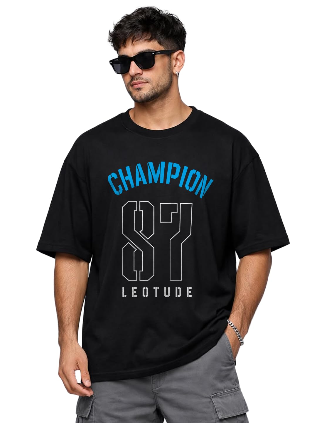 Men's Street Style Graphic T-Shirt | Athletic Typography Print | Oversized | Round Neck | Graphic Print | Baggy Fit | Drop Shoulder | Casual Tee (Color : Black)-image-45