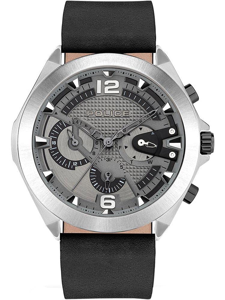 Police Orologio analogico al quarzo da uomo con cinturino in pelle PEWJF0004601, Argento-grigio-nero, misura unica, cinghia