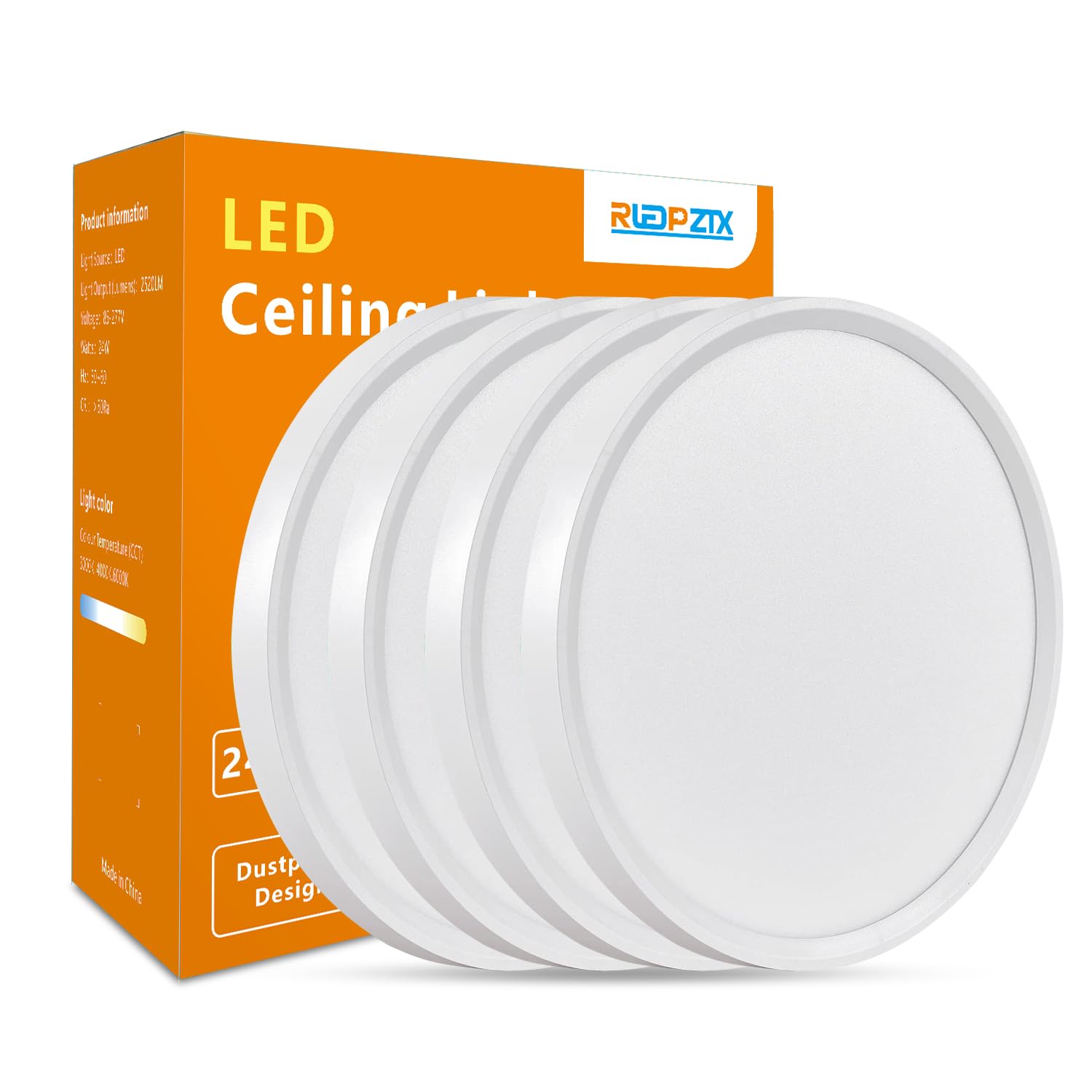 RLEDPZTX 4PK 12 Inch LED Flush Mount Ceiling Light, 24W, 2520LM