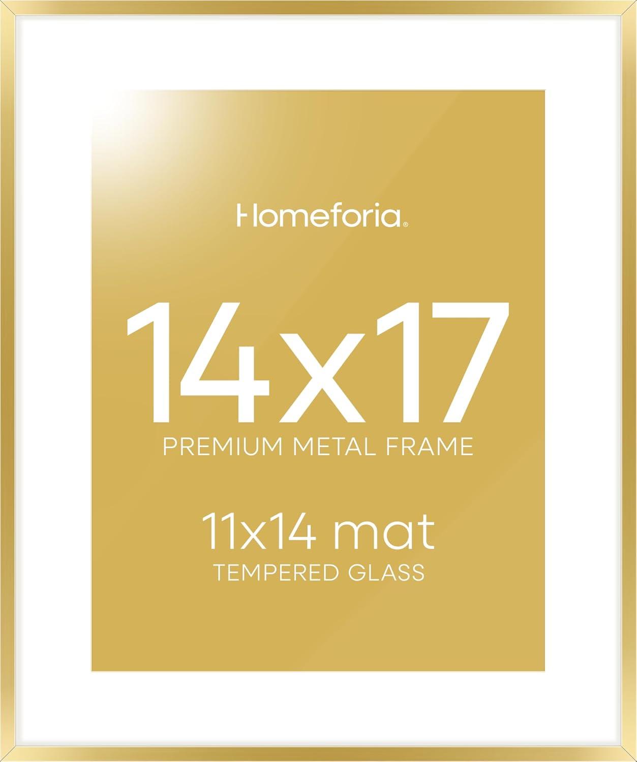 homeforia 14x17 picture frame gold, high end metal 14x17 poster frames with mat 11x14 photo, 14 x 17 gold frames matted to 11 by 14 print, 17x14 thin hanging frames, tempered glass, wall kit included, set of 1 14x17 gold