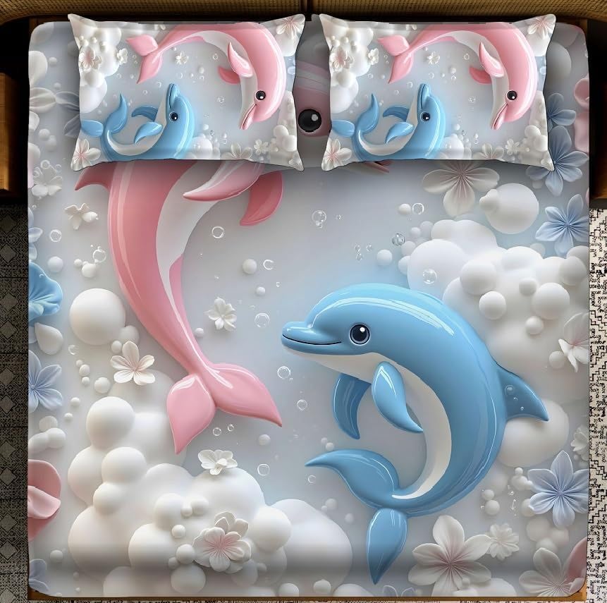 Image of 7D Flat Bedsheet 400TC Sheet Set, Kids Design bedsheet, Floral Design, Decorative Bedding with Daisy Pattern, Kids Room Decor, 90X100 Inch (Fish)