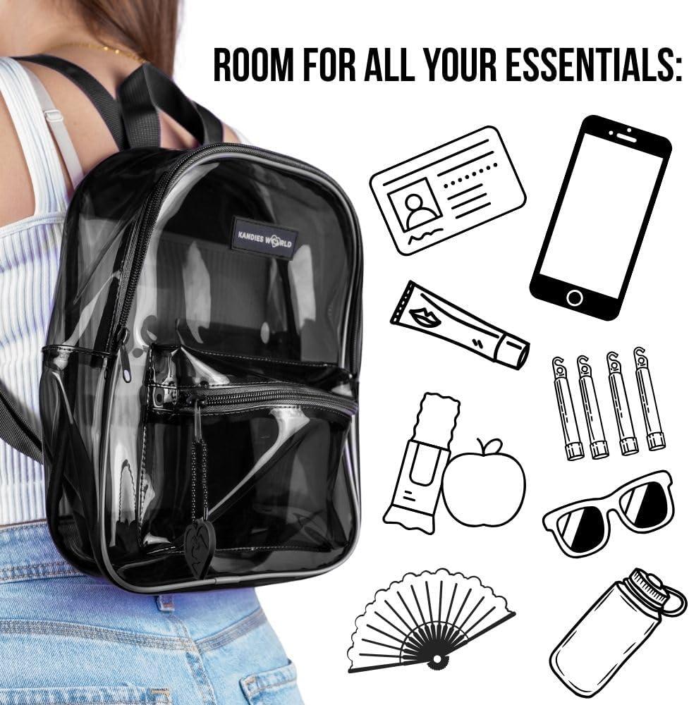 Kandies World Premium Clear Festival Backpack – Stylish Transparent Bag – Stadium Approved – Lightweight & Durable – 12”x10.5” (Black) - Image 5