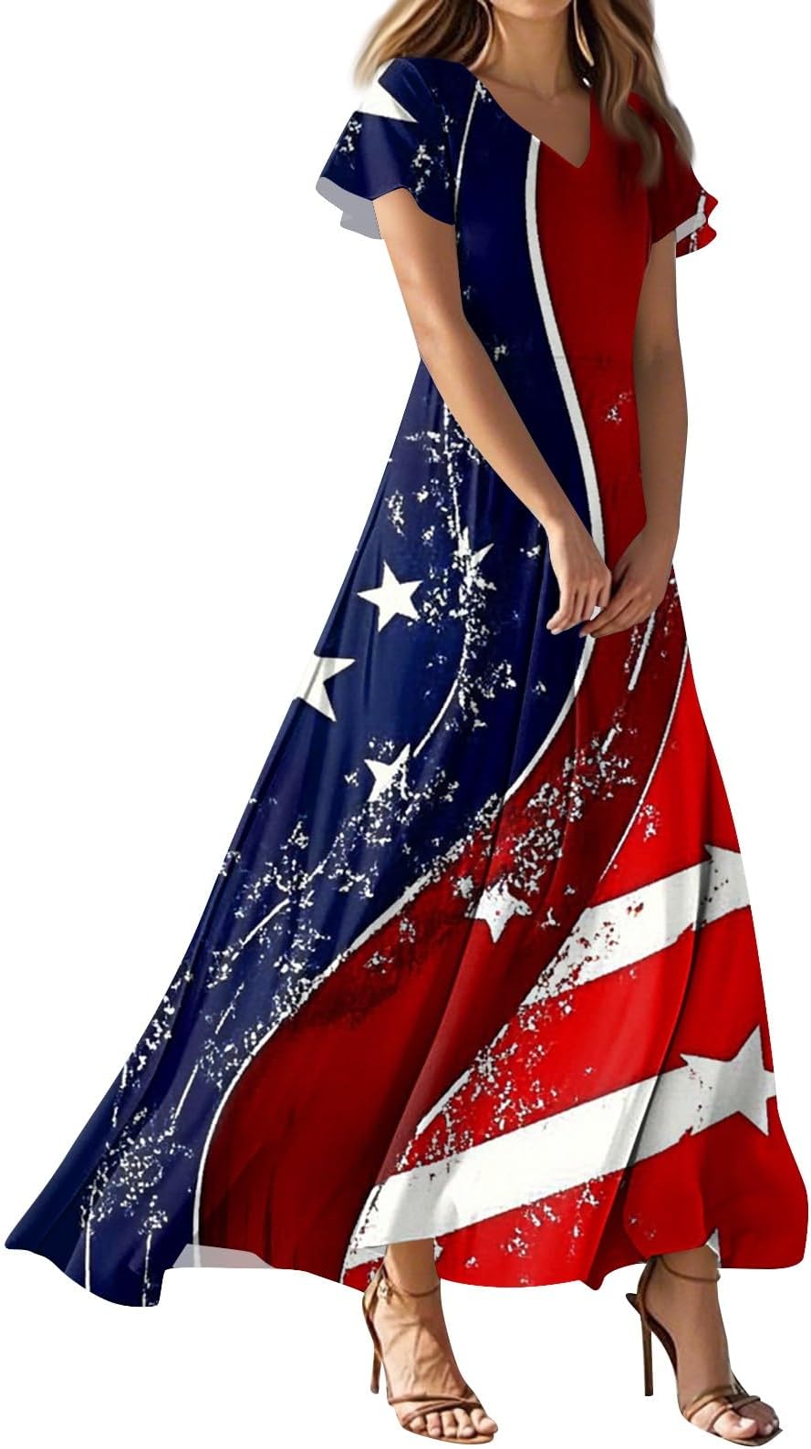 July 4Th Women Summer Maxi Dresses Independence Day Sunflowers USA Flag Casual Trendy Short Sleeve Swing Sundress