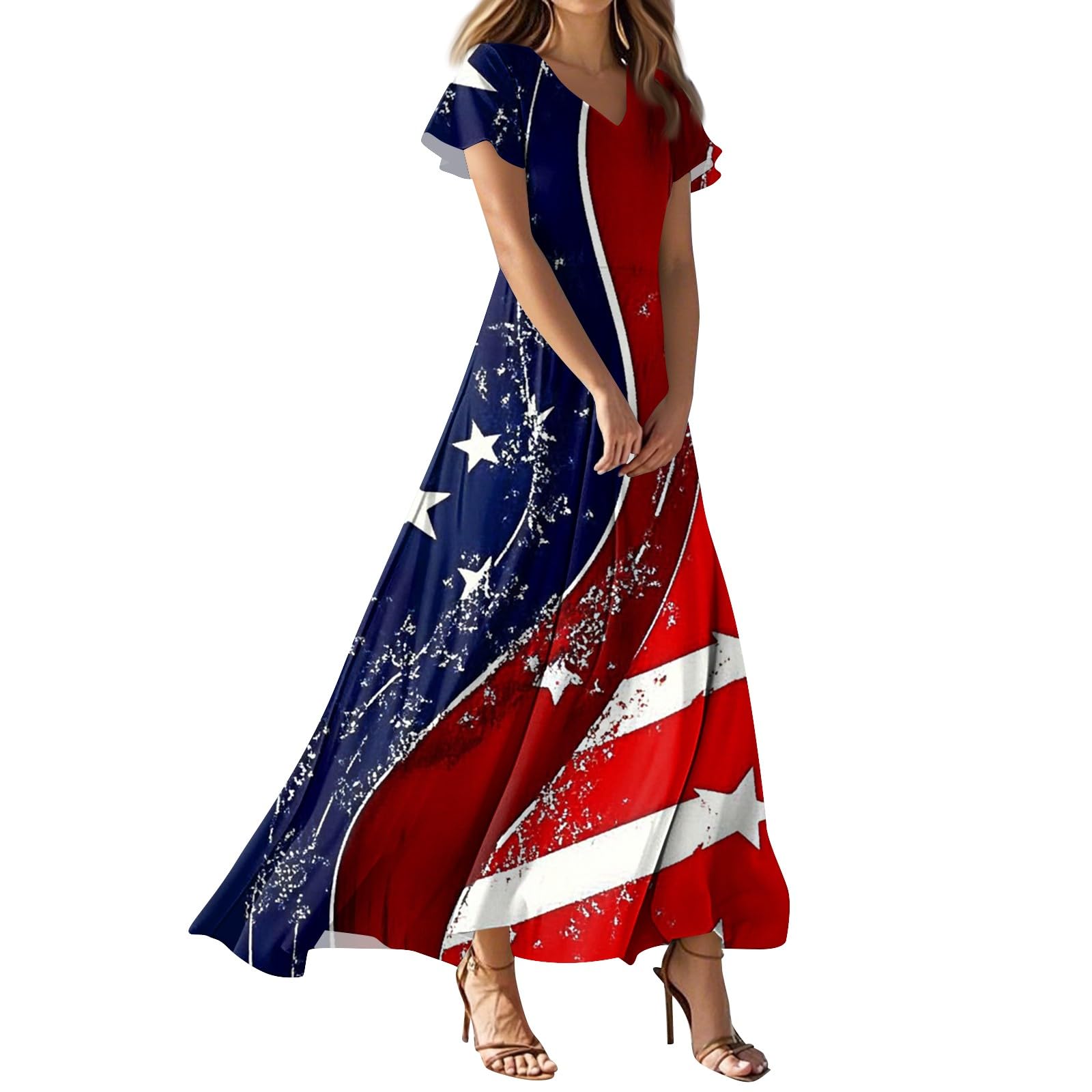 July 4Th Women Summer Maxi Dresses Independence Day Sunflowers USA Flag Casual Trendy Short Sleeve Swing Sundress